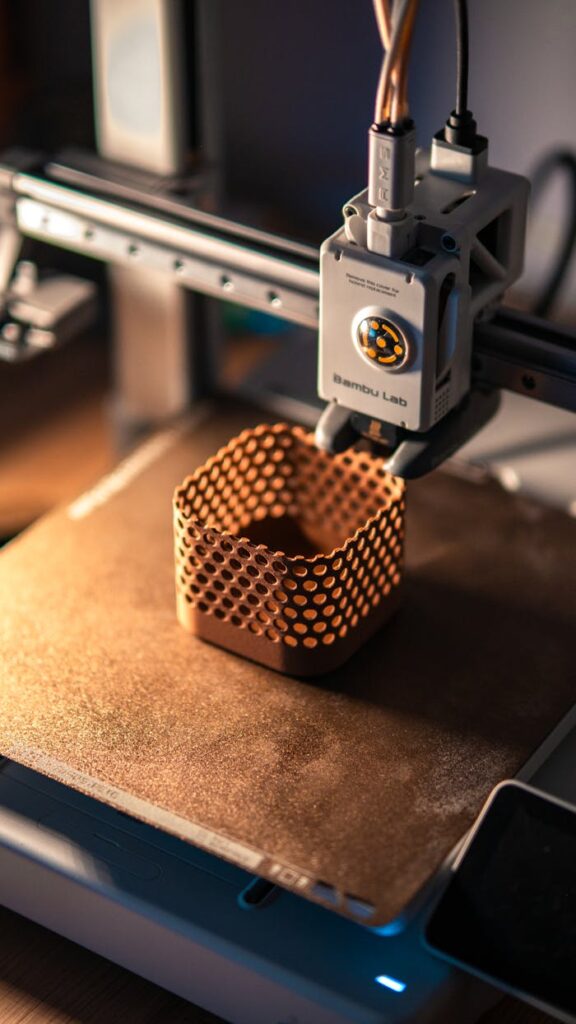 Close-up of a 3D printer creating a hexagonal object in a dimly lit workspace.